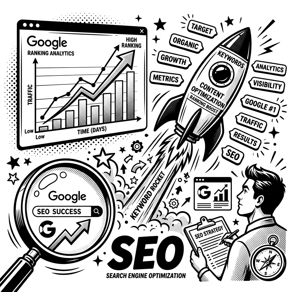 SEO Search Engine Optimization Black and White Illustration