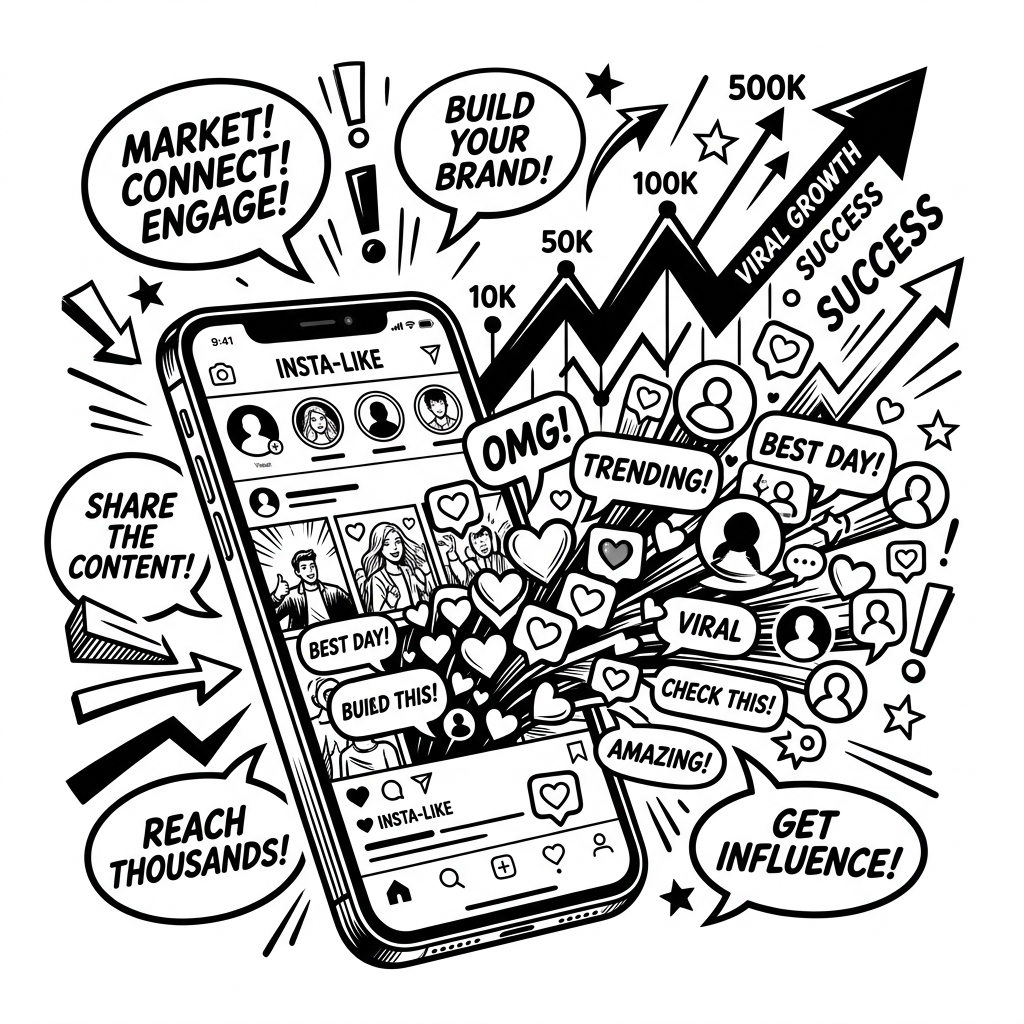 Social Media Marketing Black and White Illustration