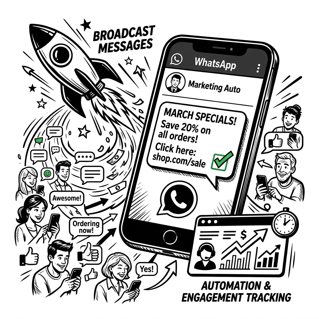 WhatsApp Marketing API Chatbot Black and White Illustration